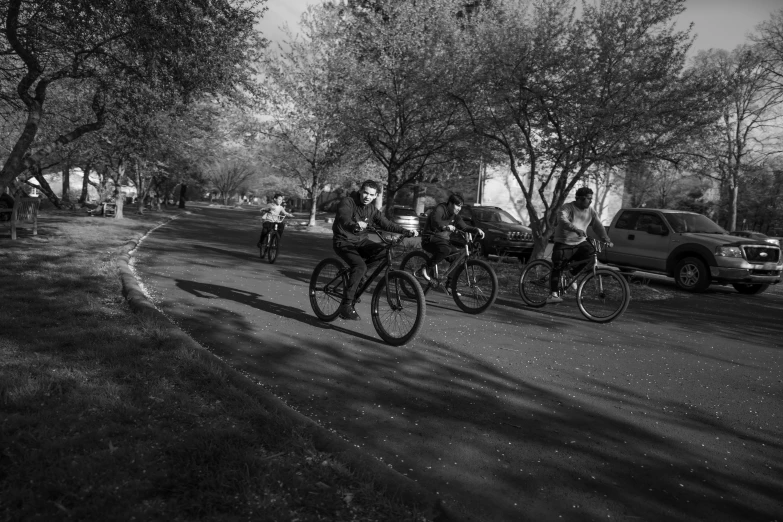 people riding their bikes down a street with trees lining the street