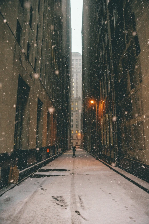 a snowstorm falling in a city at night