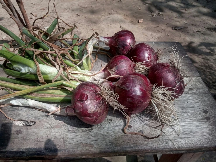 onions are on a wooden table and a bunch of leeks