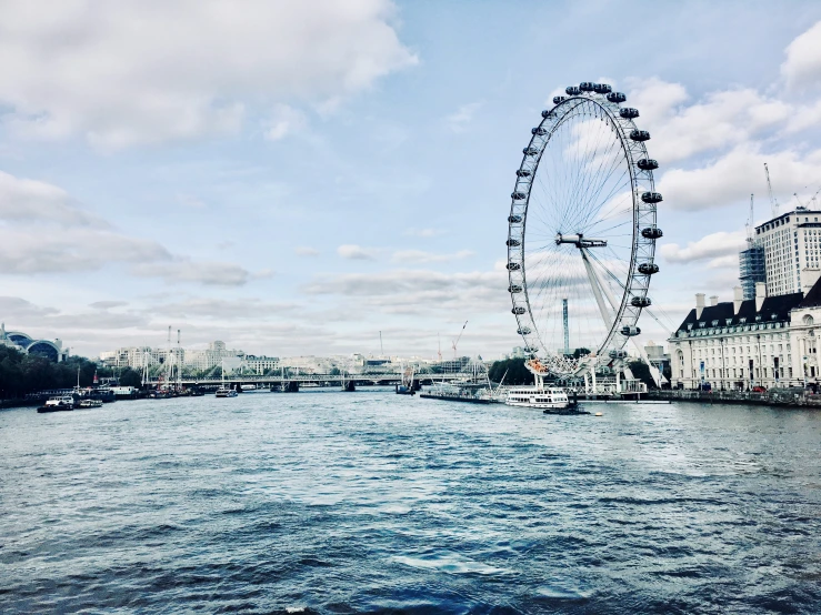 the large ferris wheel is set against the blue sky