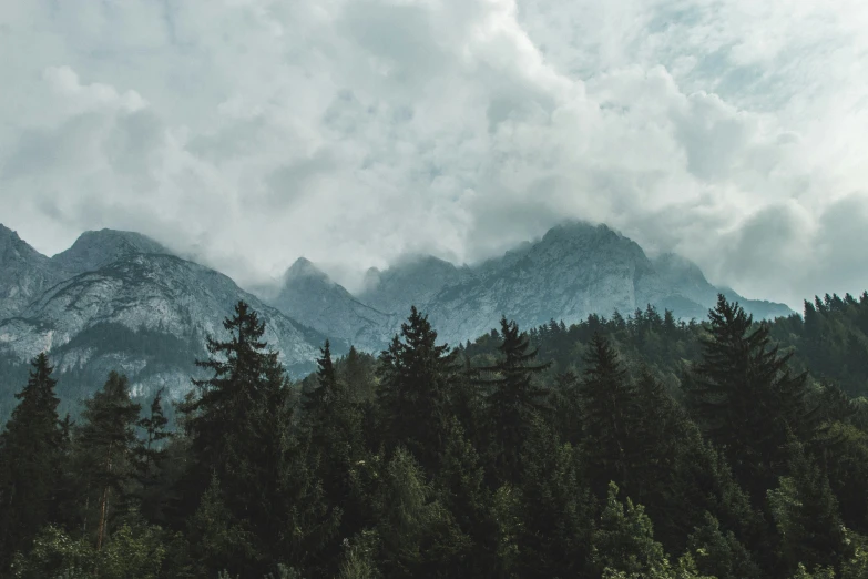 some mountains are covered in clouds over the trees