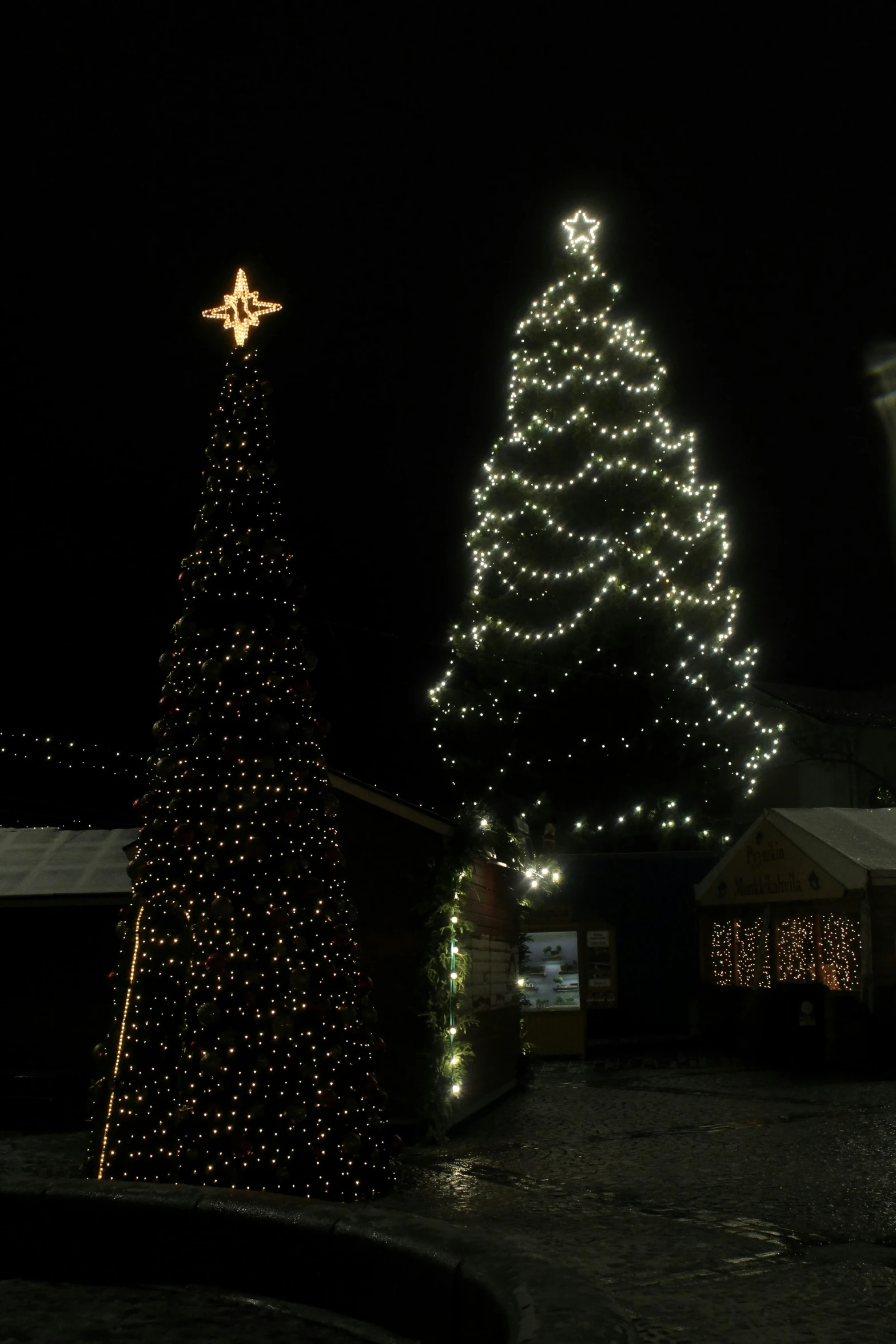 a lighted christmas tree and building with an illuminated star