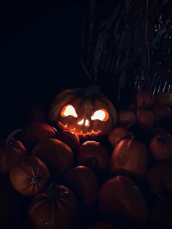 a lighted pumpkin with glowing eyes among pumpkins