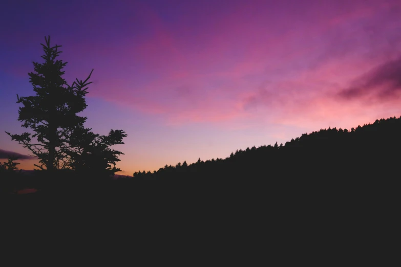 the sun is setting in the background as trees stand on the hillside