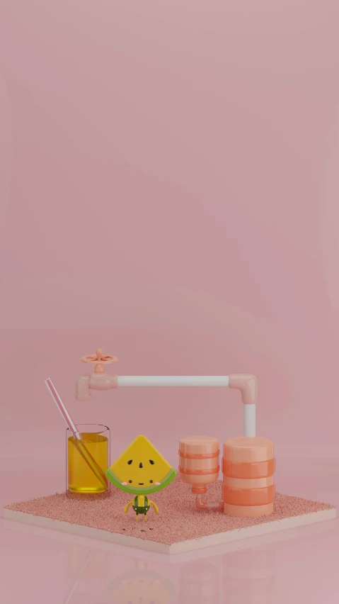 a pink wall with a yellow container with a straw