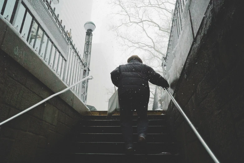 a person walking up some stairs on a snowy day