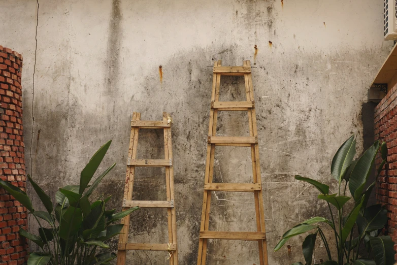 two ladders leaning up against the side of a building