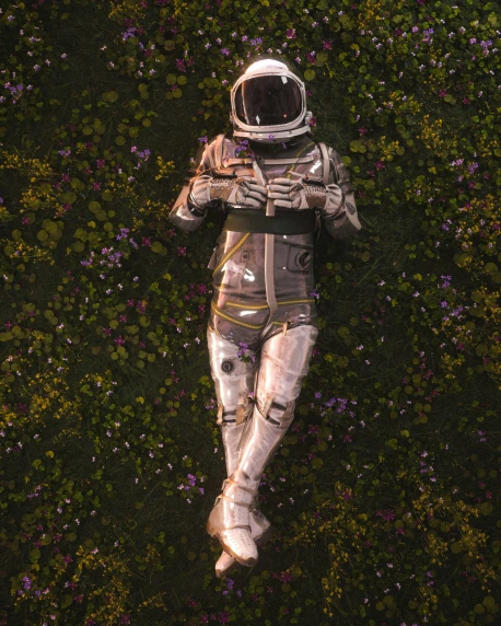 an astronaut's suit on top of the grass, surrounded by purple flowers