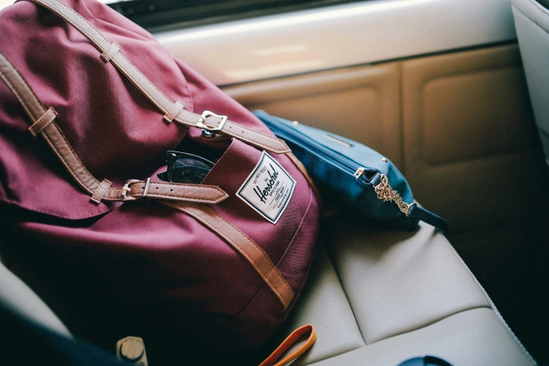 the purse is sitting on top of the seat belt