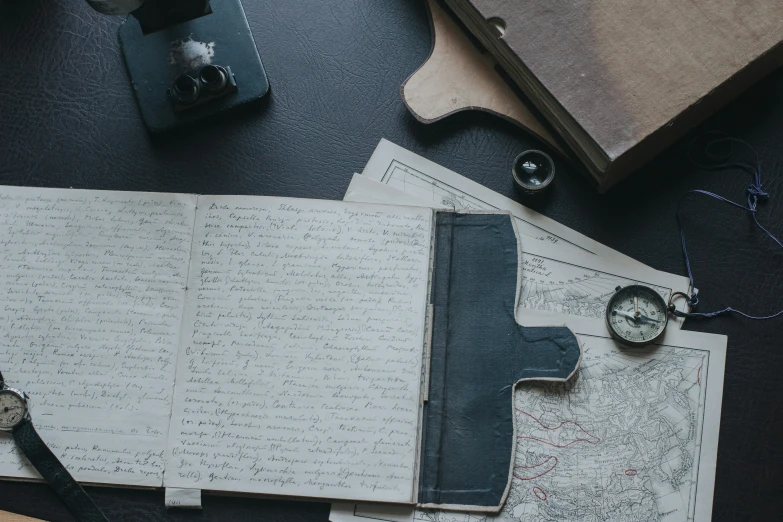 a book, compass, watch, and watch celets on a desk