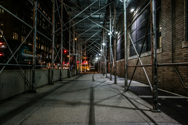 a very dimly lit city street at night