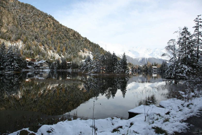 a picture of a beautiful and snowy lake in the mountains