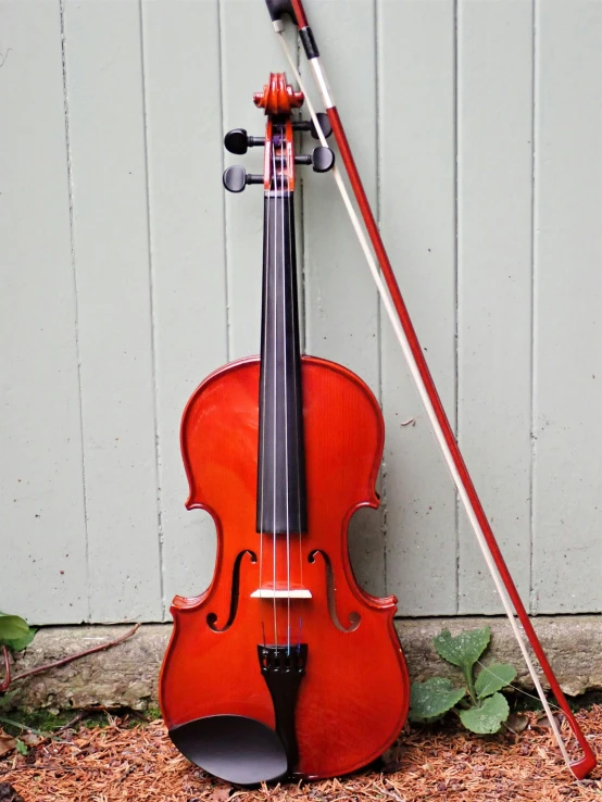 a violin and bow resting on the ground