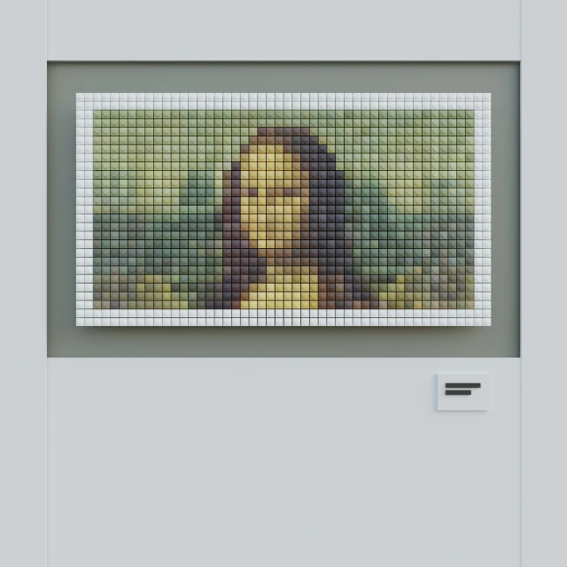 a woman with long hair in front of a white background is framed by lego blocks