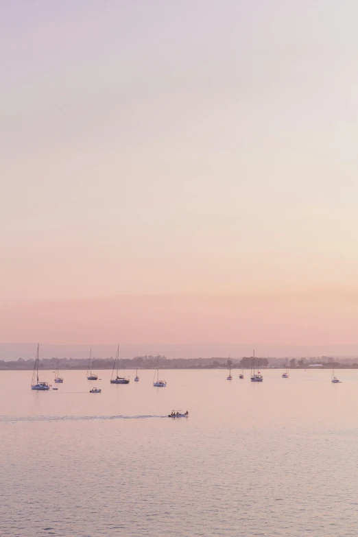 many sailboats and motor boats floating on a lake