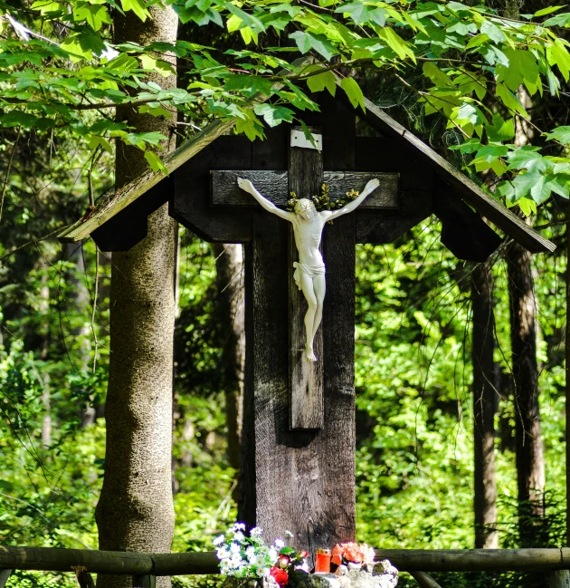 a crucifix sitting in the woods, surrounded by trees