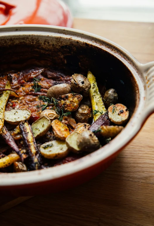 there is a pan of food sitting on a table