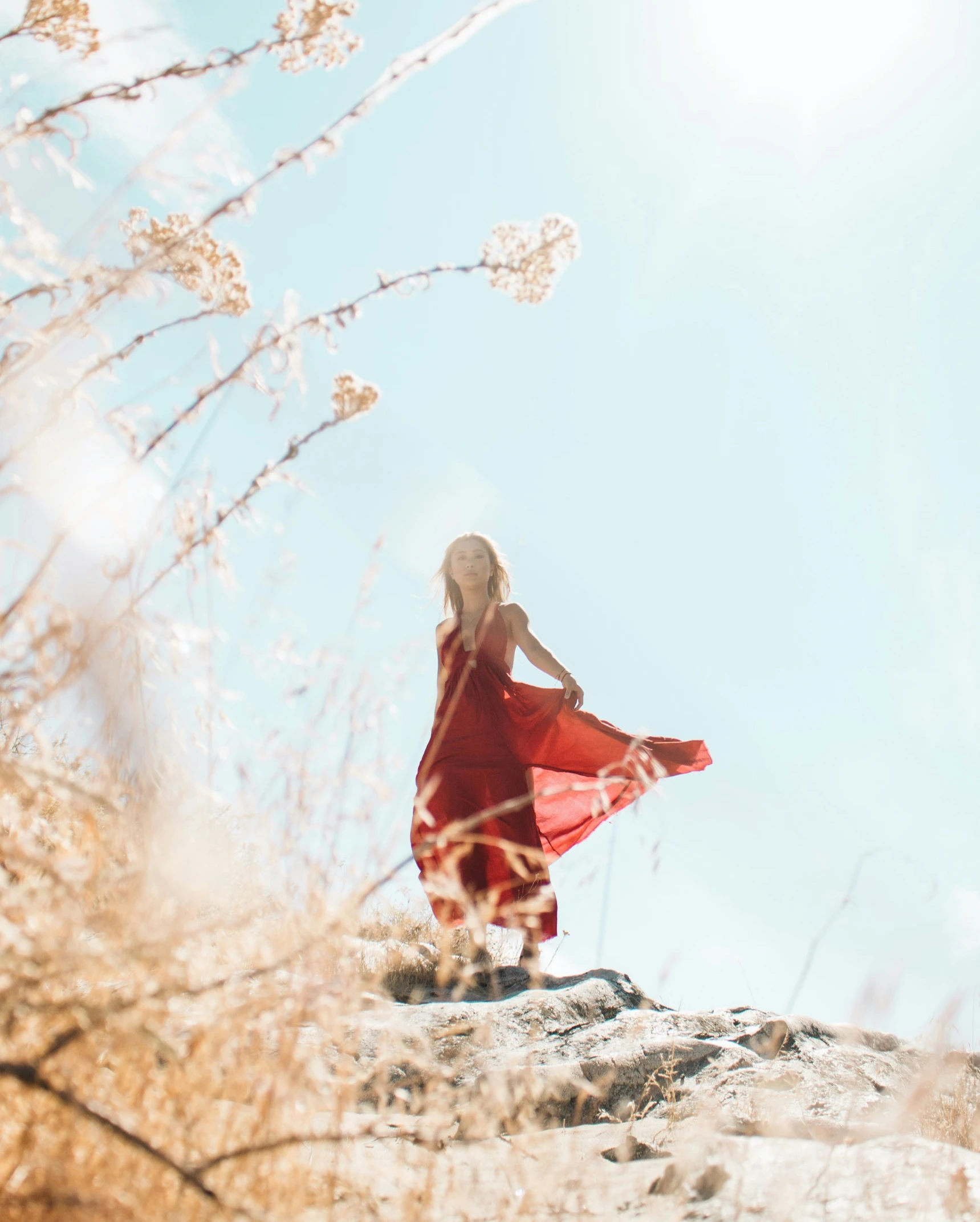 a woman in a red dress stands on a mountain