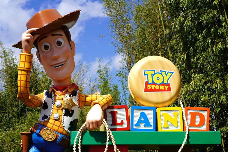 woody the space ranger is posed as toy story land