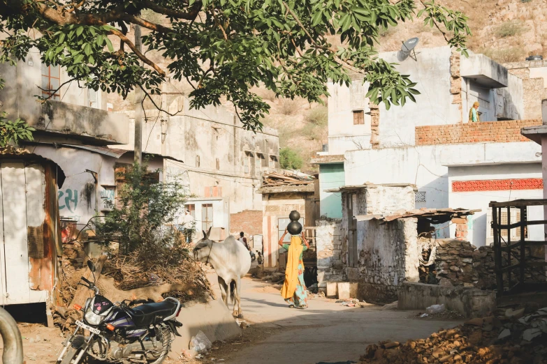 a horse in front of a village with buildings and two people