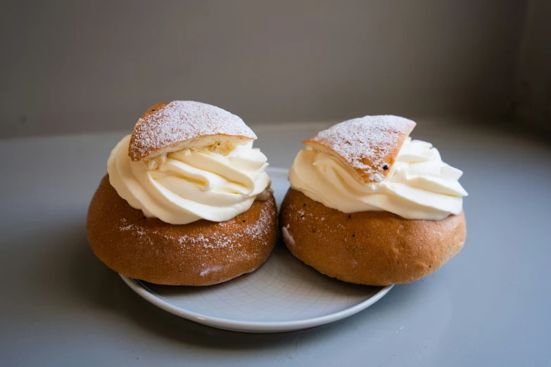 two pastry items on a plate covered with cream