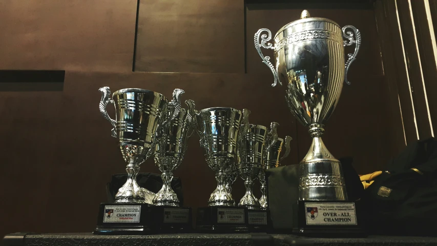 five trophies are in front of a large brown wall