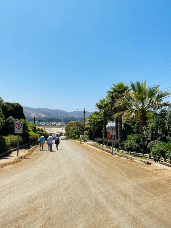 people walking down an empty road next to trees