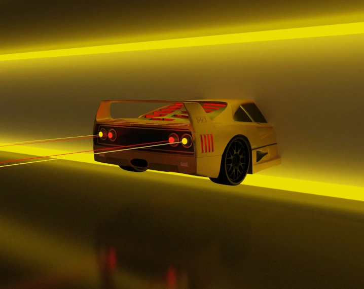 the car is traveling through a yellow tunnel