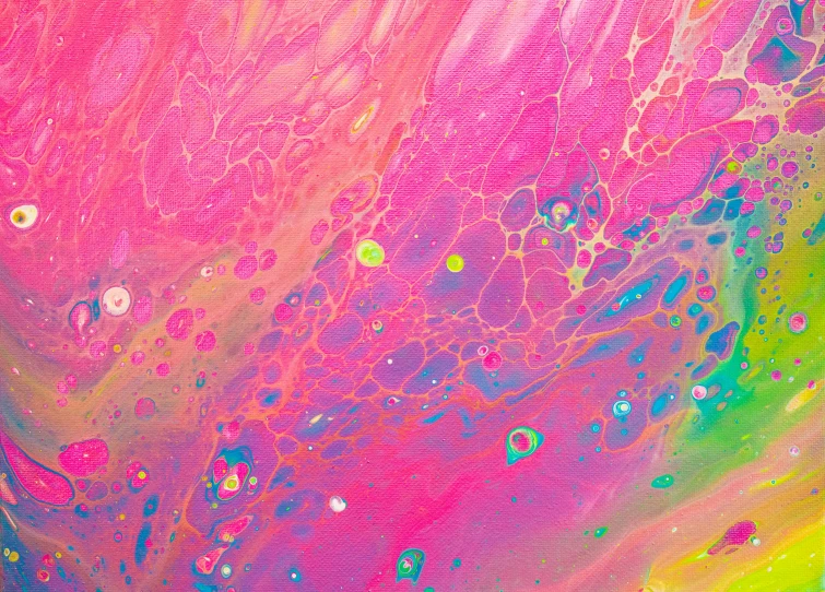 an abstract painting in pink, yellow, blue and green