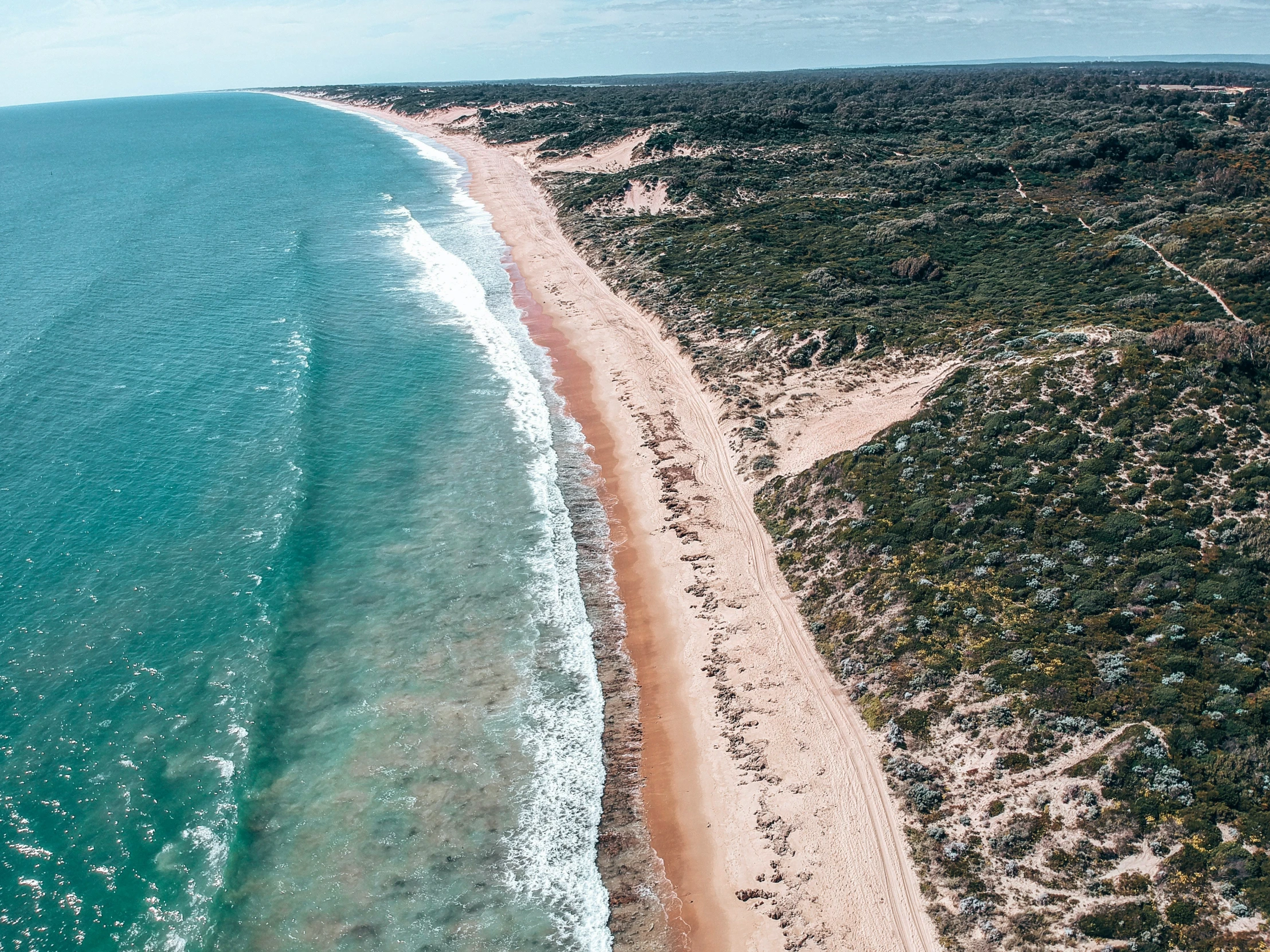 a beach next to the ocean in an aerial view