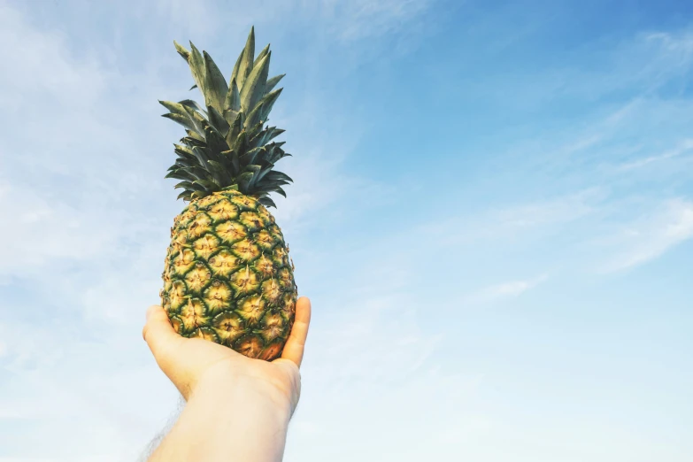 the person is holding up a pineapple in their hand