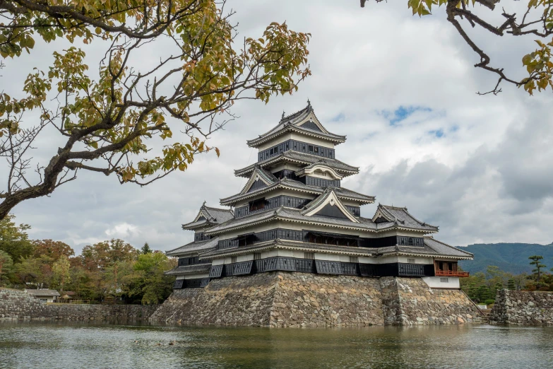 a building on a bank of water under a cloudy sky