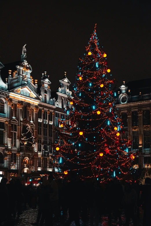 a lit christmas tree stands in the center of an ornate city