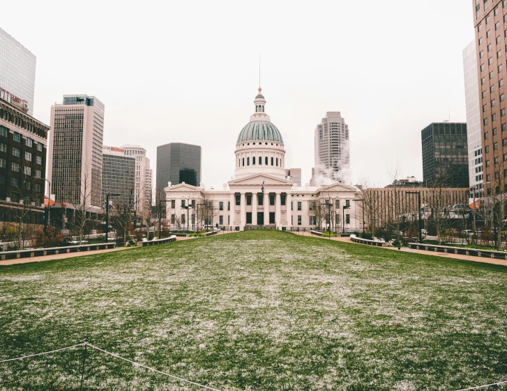 grass is green on a lawn in the middle of a city