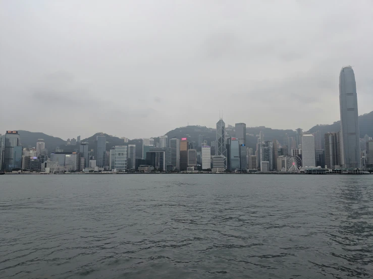 the skyline of the big city is shown behind the water