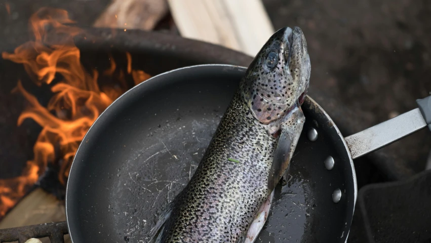 a large fish is cooked on the outside fire