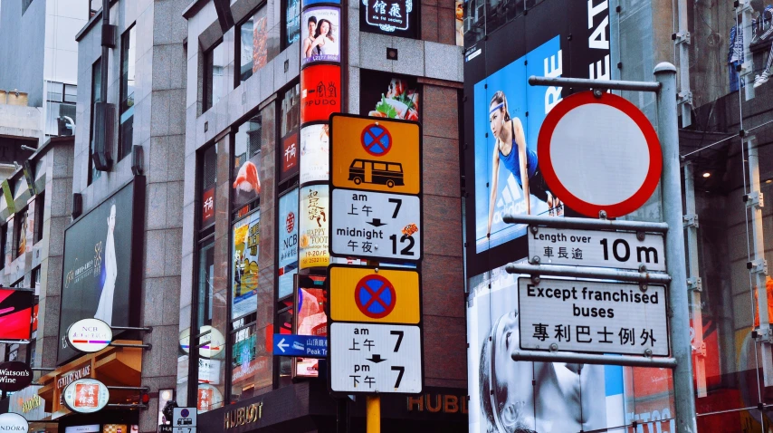 a group of street signs sitting above a traffic light