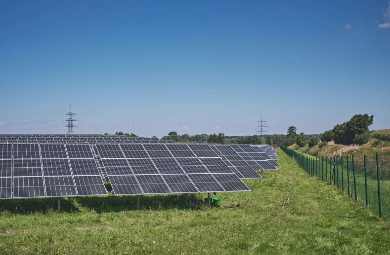 rows of solar panels on grassy hill with telephone poles in distance