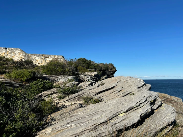 a large white elephant standing on top of a cliff