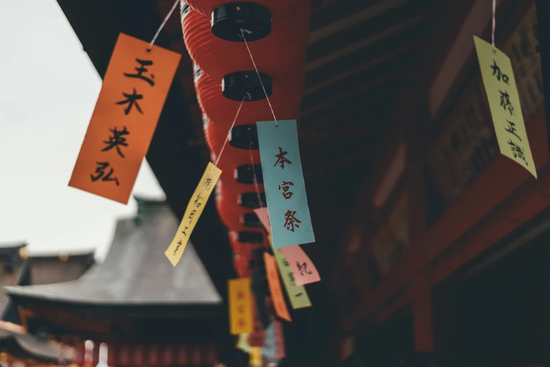 chinese decorations in front of buildings on a street