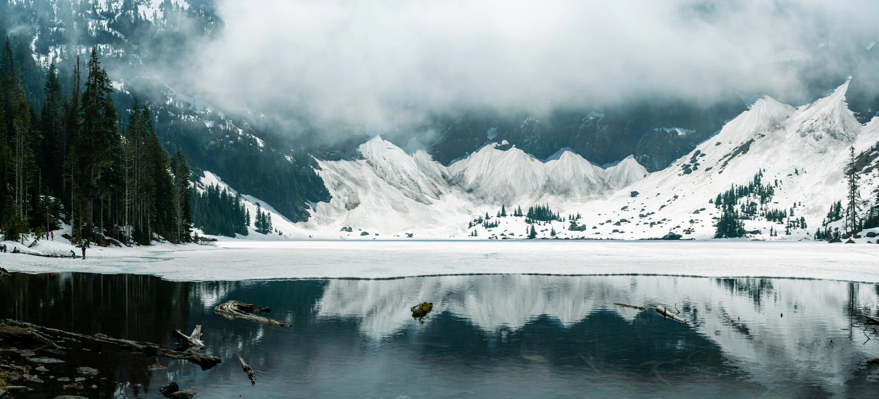 a body of water in the middle of snowy mountains