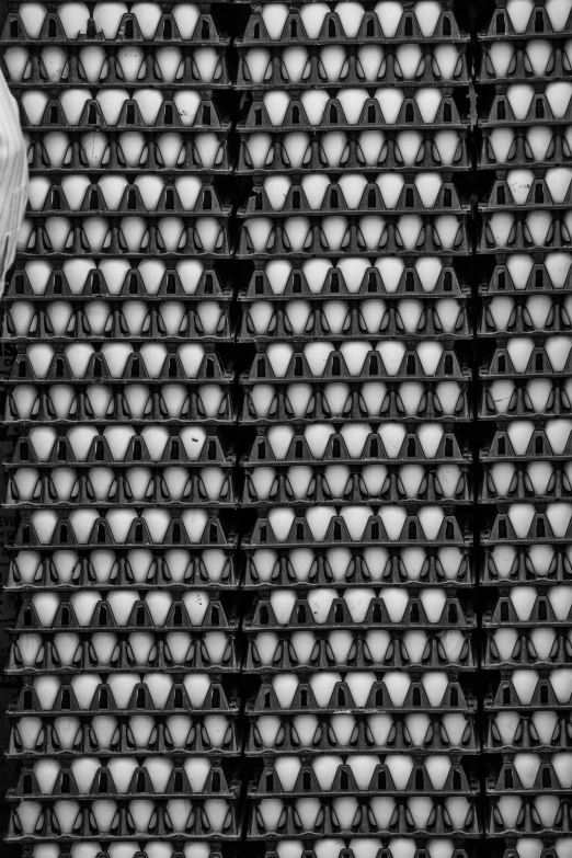 a black and white po of eggs in crates