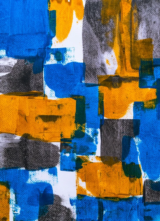 a painting of squares and rectangles in blues and yellow