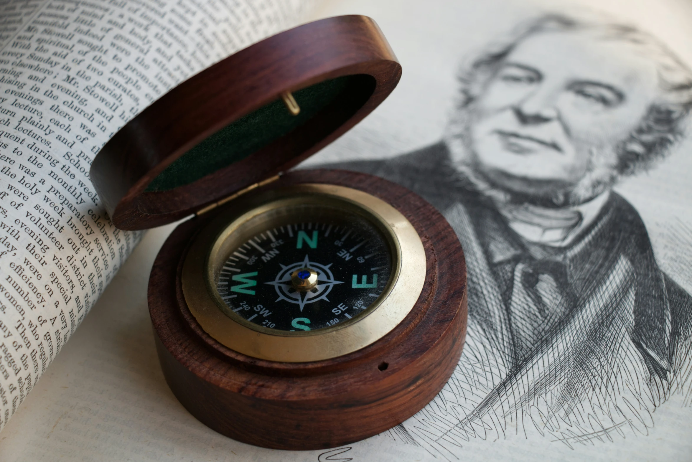 a ss compass with a wooden case on top of an antique print