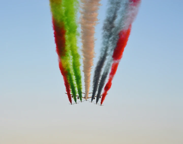 planes performing aerial stunts with colored smoke coming from them