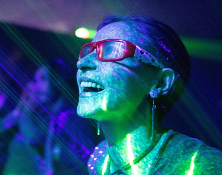 a woman wearing eye glasses and a light up glow