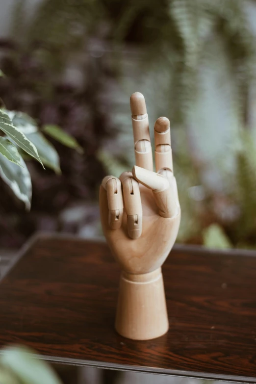 a small hand made out of wood on top of a table