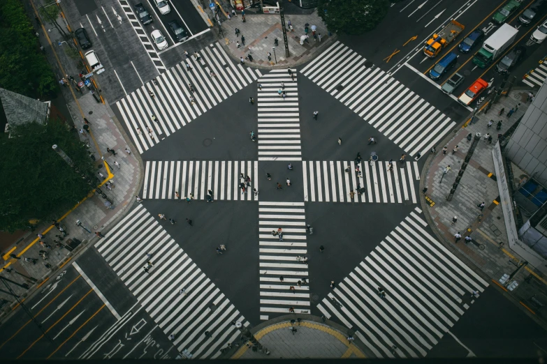 an overhead s of a intersection with pedestrians