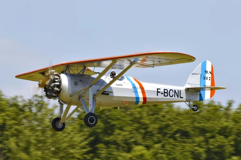 a plane flying above the top of some trees