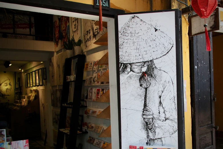 a drawing of a man in a hat hanging out side of a shop